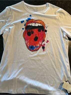 Armani Exchange White Tee with Red & Orange Tongue Graphic and Blue Accents